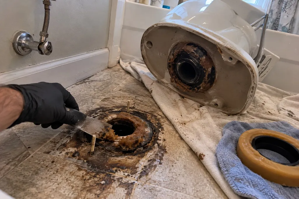 Toilet pulled up showing the old wax ring on the floor flange being scraped away