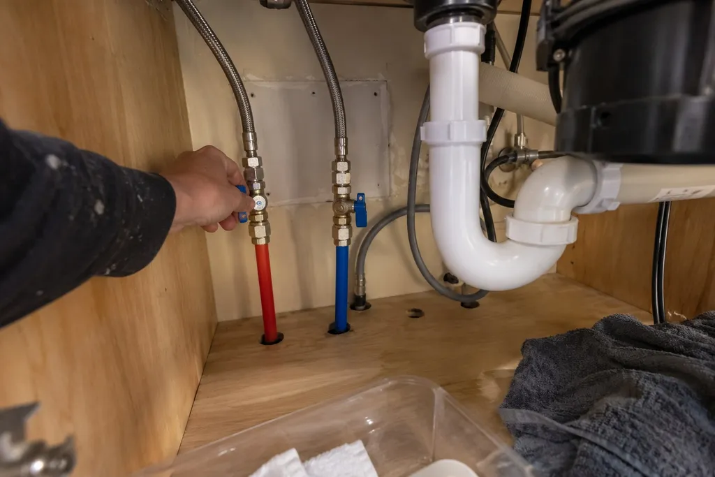 New quarter-turn stops and PEX stub-outs under a kitchen sink after repiping