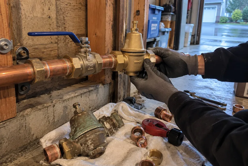 Gloved hands fitting a new pressure regulator into a copper main line, old valve on the floor