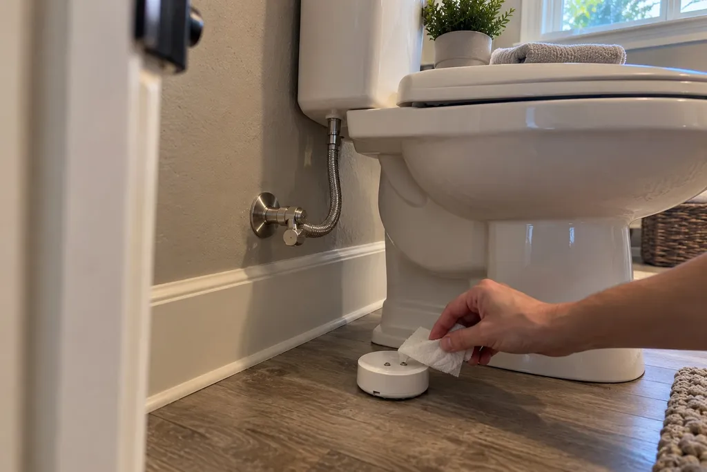 Hand testing a battery leak sensor with a damp paper towel beside a toilet