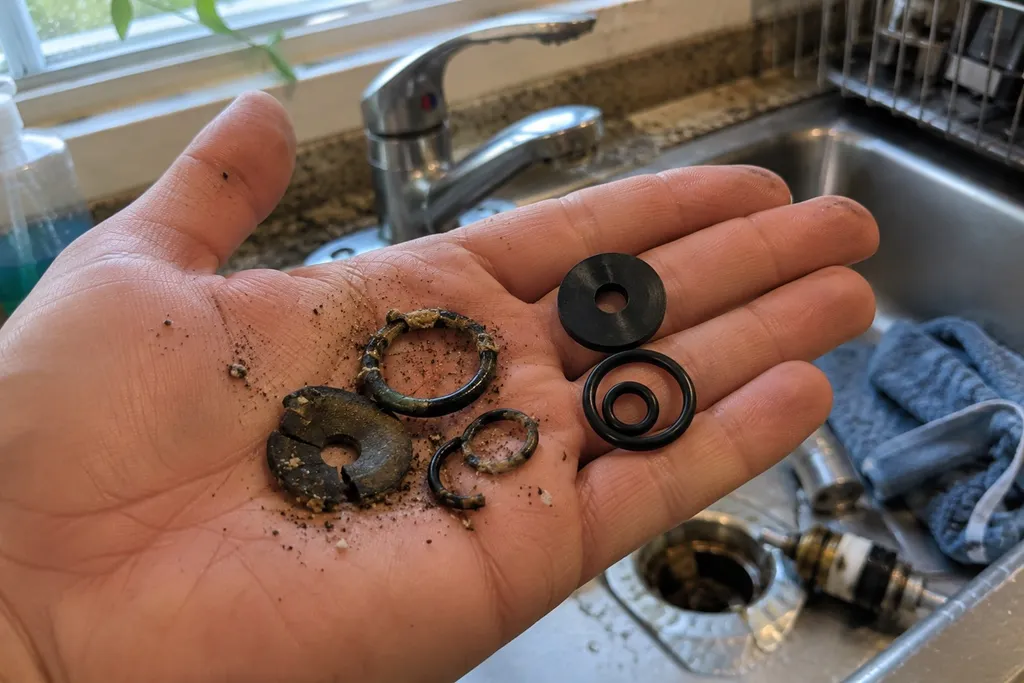 Palm holding flattened old faucet washers and cracked O-rings next to new ones
