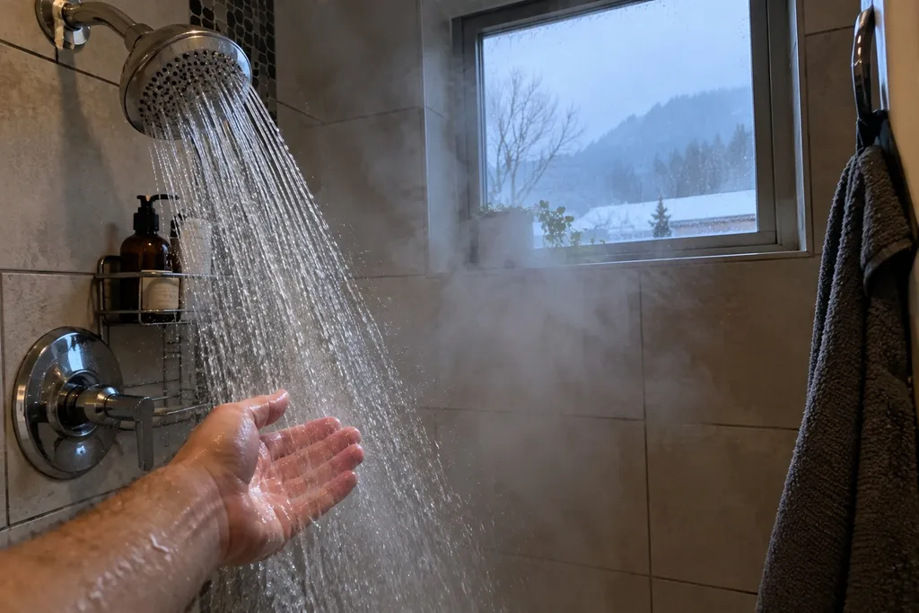 Steaming hot shower running on a cold winter morning with a frosty window