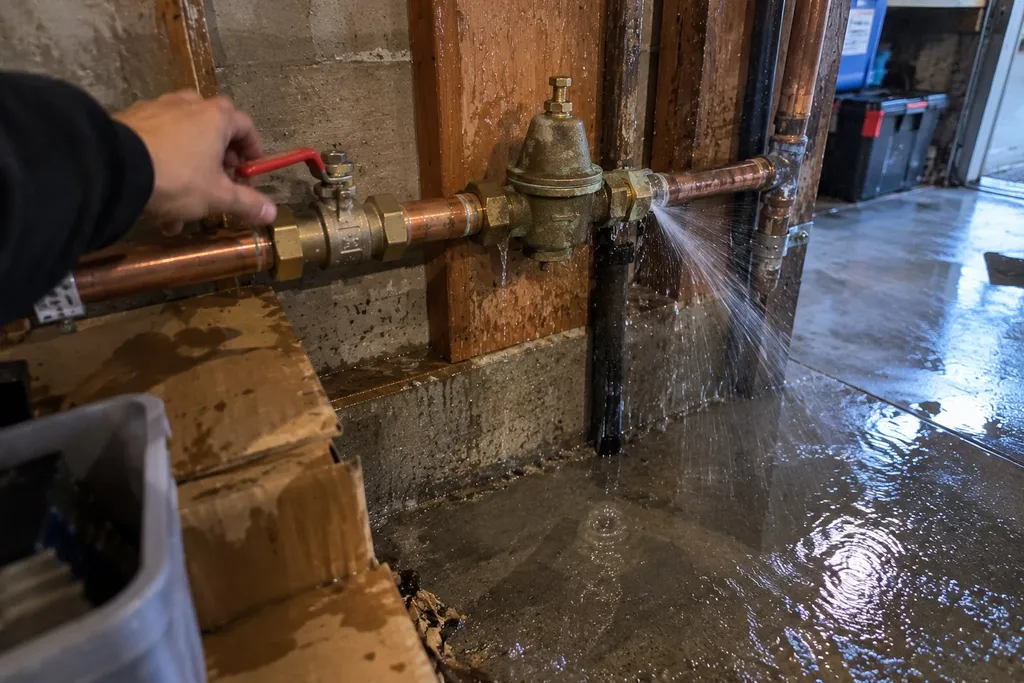 Water spraying from a failed pressure regulator fitting with a hand reaching for the shutoff
