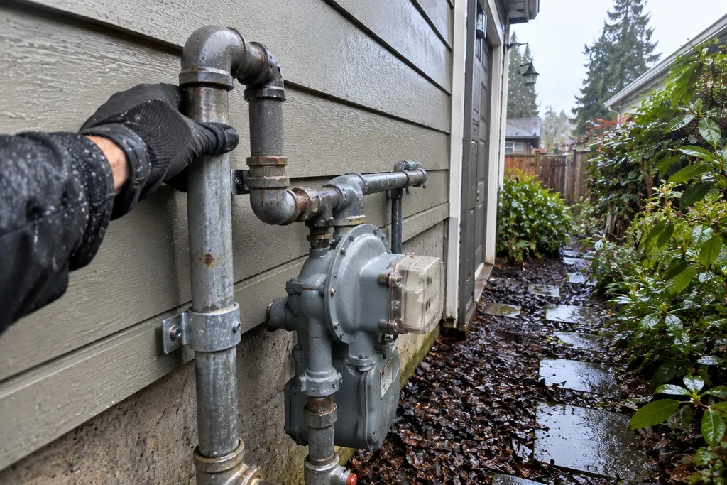 Plumber's hand checking a home's gas meter during a tankless assessment