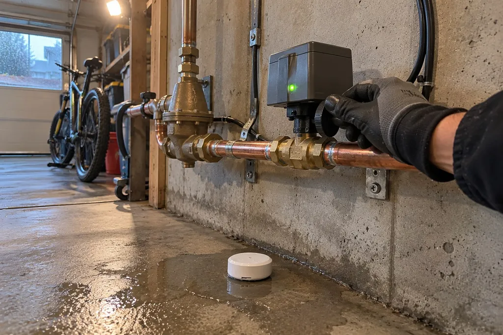 Gloved hand turning the manual override on a new automatic water shutoff valve during testing