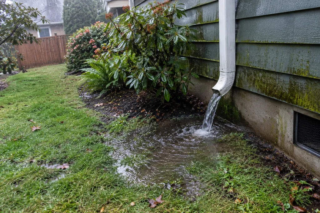 Downspout dumping rainwater onto a soggy lawn beside a house