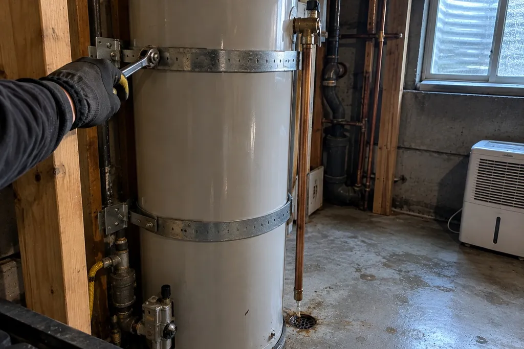 Gloved hand checking an earthquake strap and relief valve drain line on a water heater