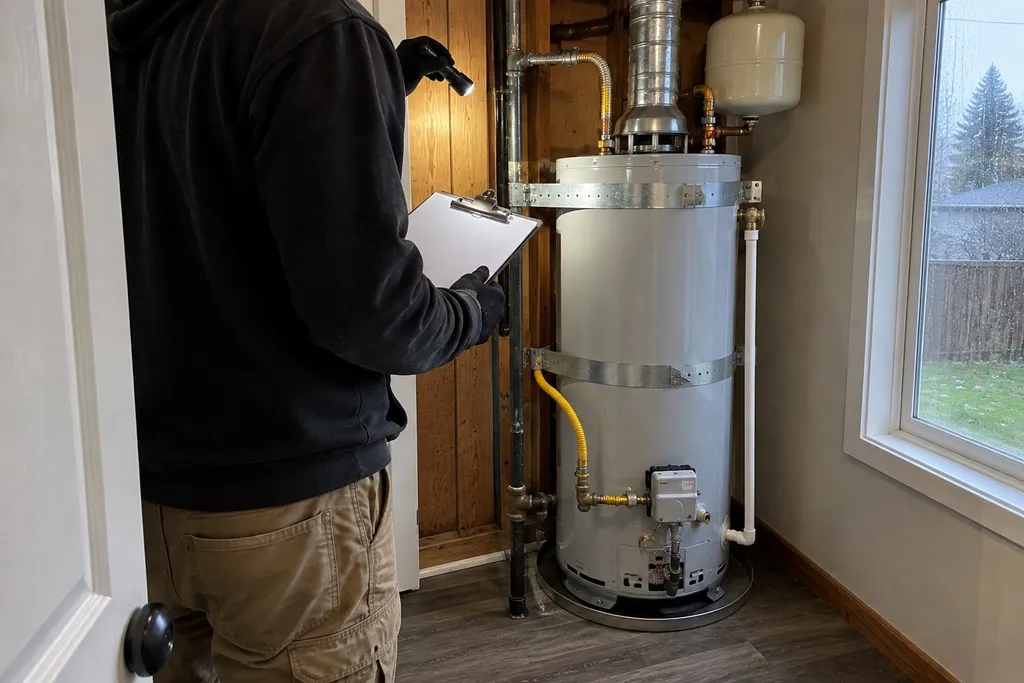 Inspector-style check of the gas connection and vent on a newly installed water heater