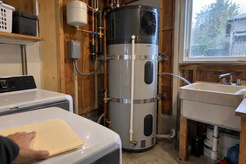 Finished heat pump water heater install with condensate line to a utility sink