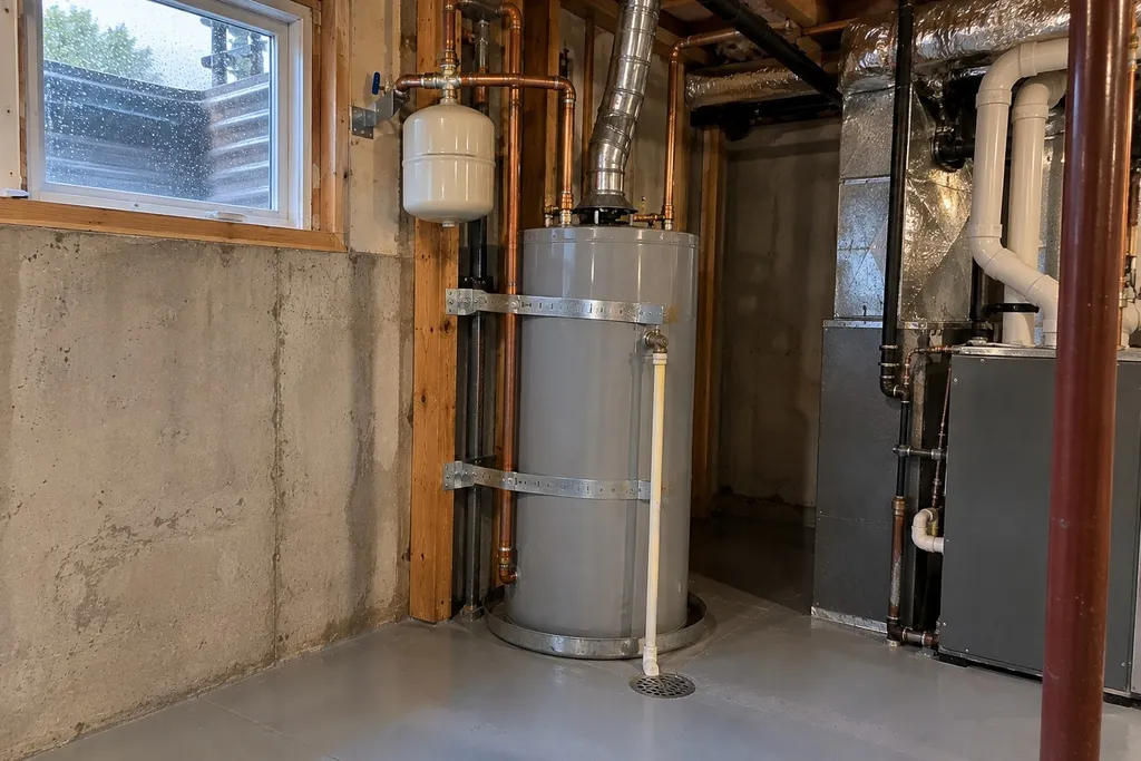 Code-compliant water heater setup with supported expansion tank in a basement corner