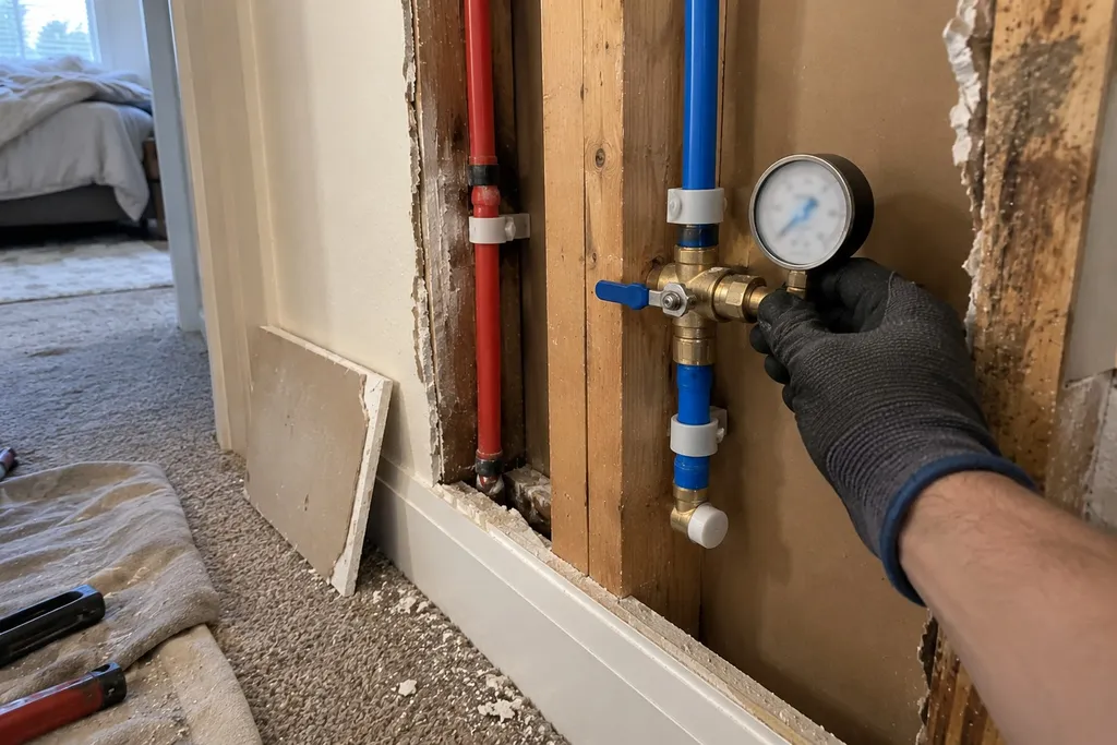 pipe-rerouting-permits-testing Pressure test gauge on a newly rerouted water line in an open wall