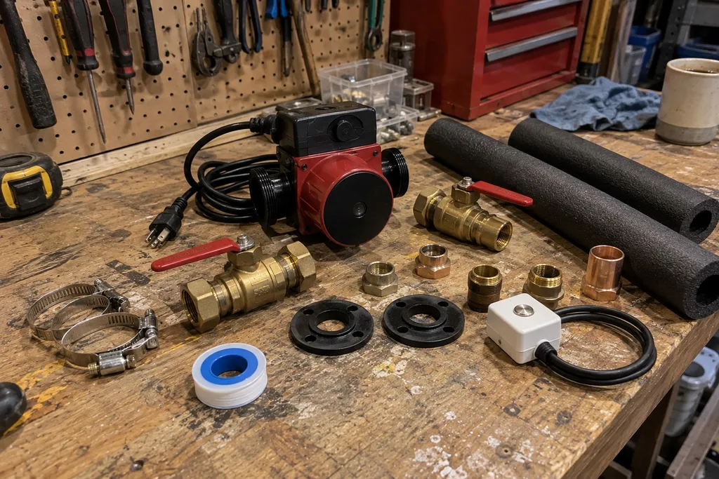 recirculation-pump-pricing Recirculation pump, valves and fittings laid out on a workbench before installation