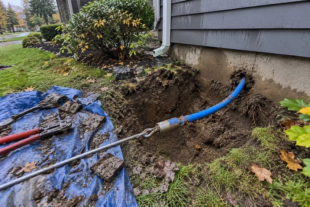 Trenchless pit at a house foundation with a new water line pulled through