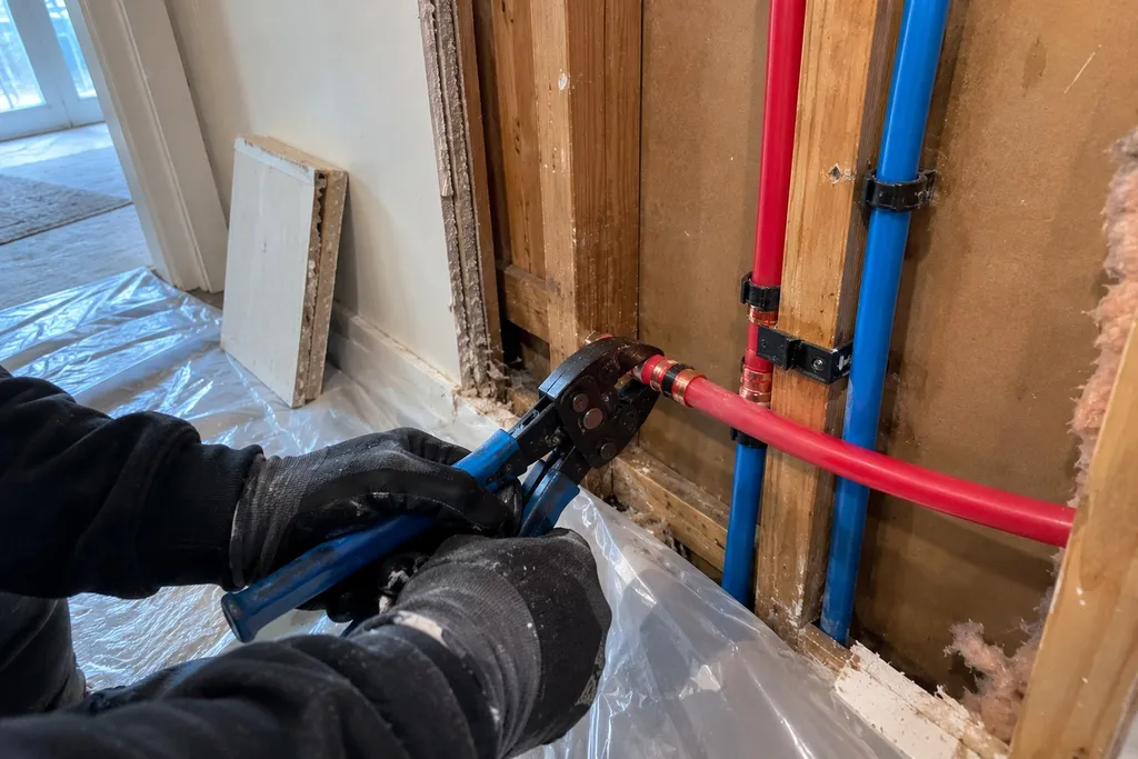 pipe-replacement-process Gloved hands crimping a new PEX joint inside an open wall bay