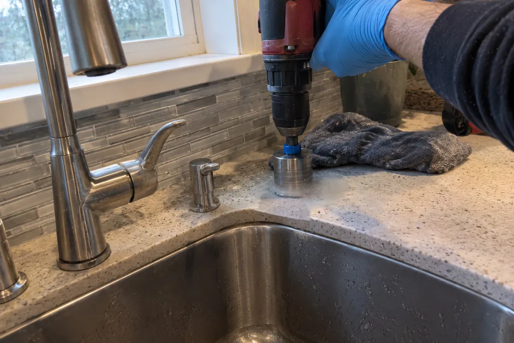 Drilling a faucet hole in a stone countertop for a reverse osmosis faucet