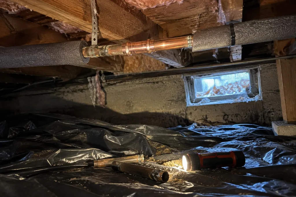 Repaired copper pipe with a new coupling and fresh foam insulation in a dry Troutdale crawlspace