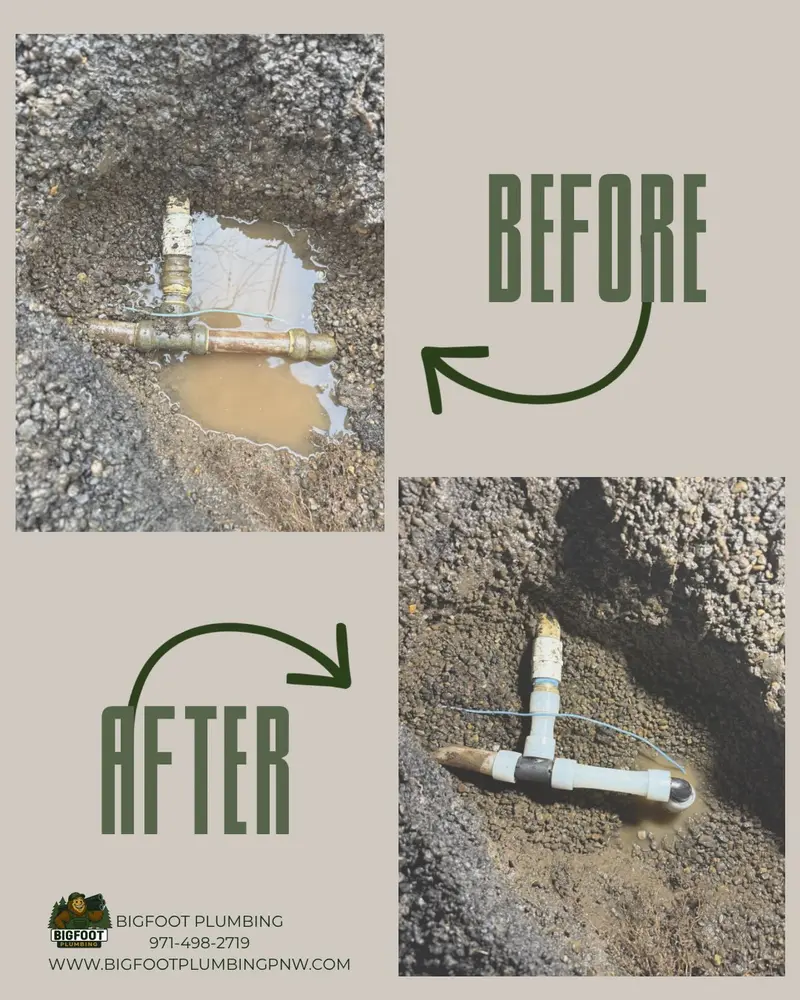 Before and after underground water line leak repair in Boring, Oregon, emergency leak detection and pipe repair by Bigfoot Plumbing