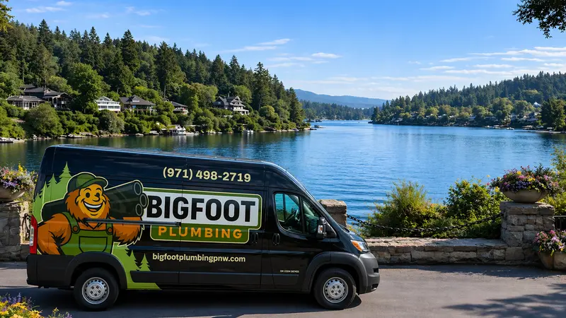 Bigfoot Plumbing van parked along a Pacific Northwest lakeside, trusted local plumber serving Sandy, Boring, Gresham and the greater Portland metro area