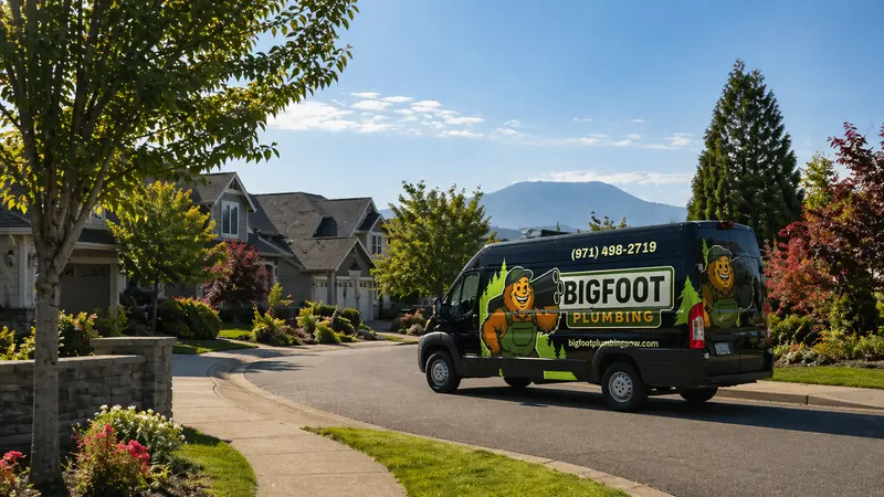 Bigfoot Plumbing service van driving through a Sandy, Oregon neighborhood with Mt. Hood foothills, local plumber serving Sandy, Boring, and Gresham OR