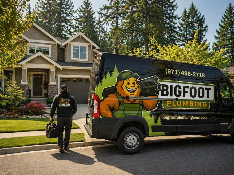 Bigfoot Plumbing service van arriving at a Sandy, Oregon home, local plumber serving Sandy, Boring, and Gresham OR (CCB# 257405)