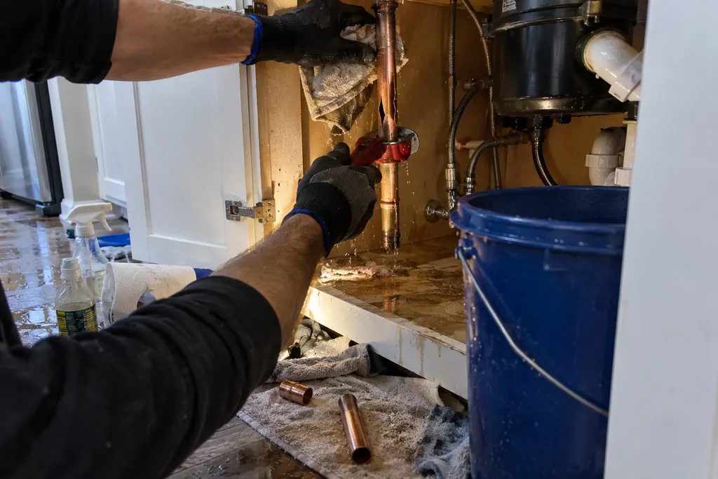 Plumber's gloved hands cutting out a burst copper line under a Troutdale kitchen sink