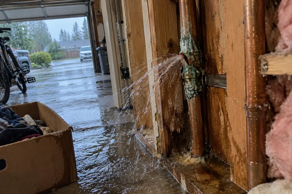 Corroded copper pipe split open and spraying water inside an open garage wall bay in Troutdale