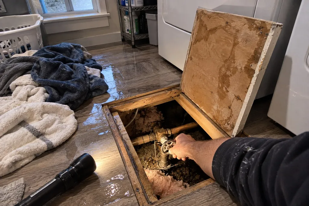 Homeowner reaching into a crawlspace hatch to close the main water valve during a Troutdale burst pipe