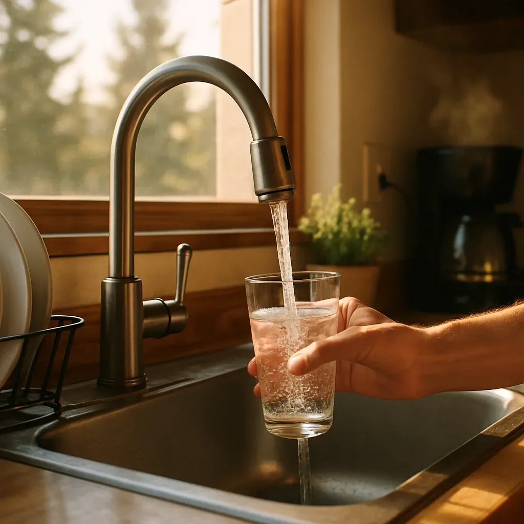 Homeowner filling glass with clean filtered water after installation in Sandy home