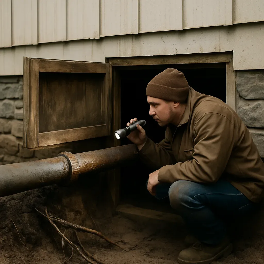 crawl-space-sewer-pipe-inspection-sandy-oregon-salmon-creek-park Plumber inspecting root-damaged sewer pipe under crawl space near Salmon Creek Park Sandy
