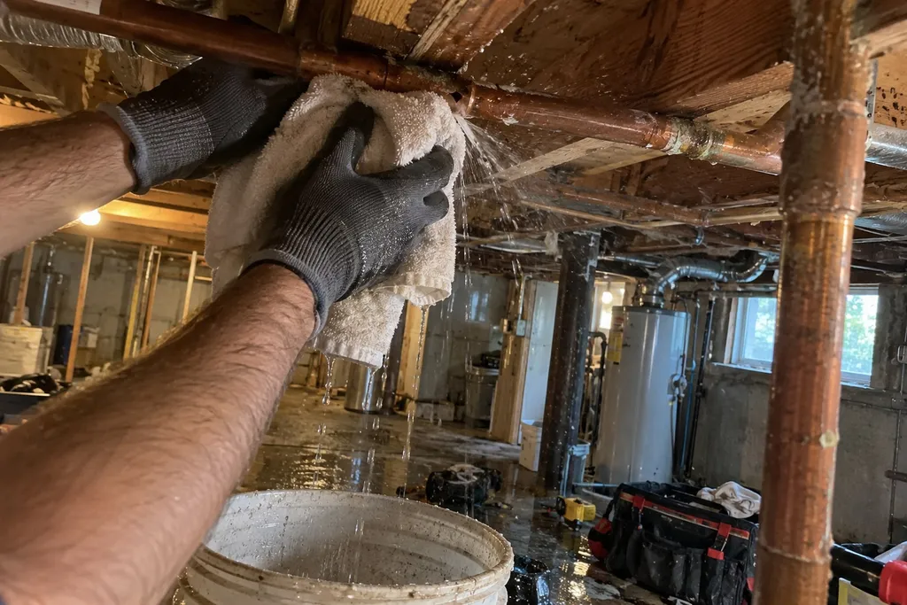 Plumber seen from behind holding back a burst copper pipe spraying in a Troutdale basement
