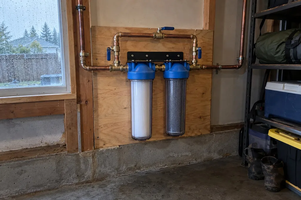 Whole-house water filter housings mounted on the main line in a Troutdale, Oregon garage