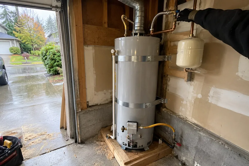 New gas water heater being installed in a Troutdale, Oregon garage