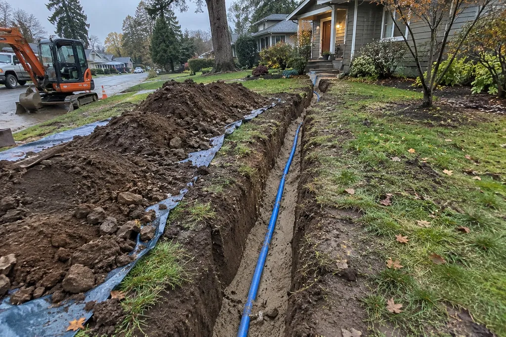Trench with a new water line running across a Troutdale, Oregon front yard