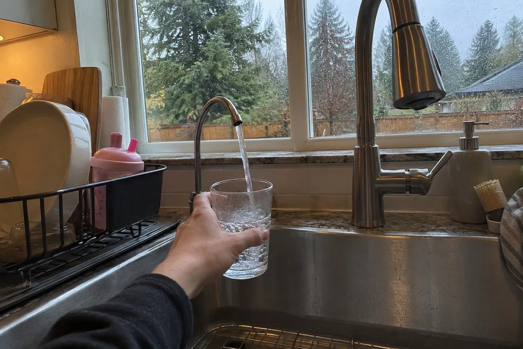 Dedicated reverse osmosis faucet filling a glass at a Troutdale, Oregon kitchen sink