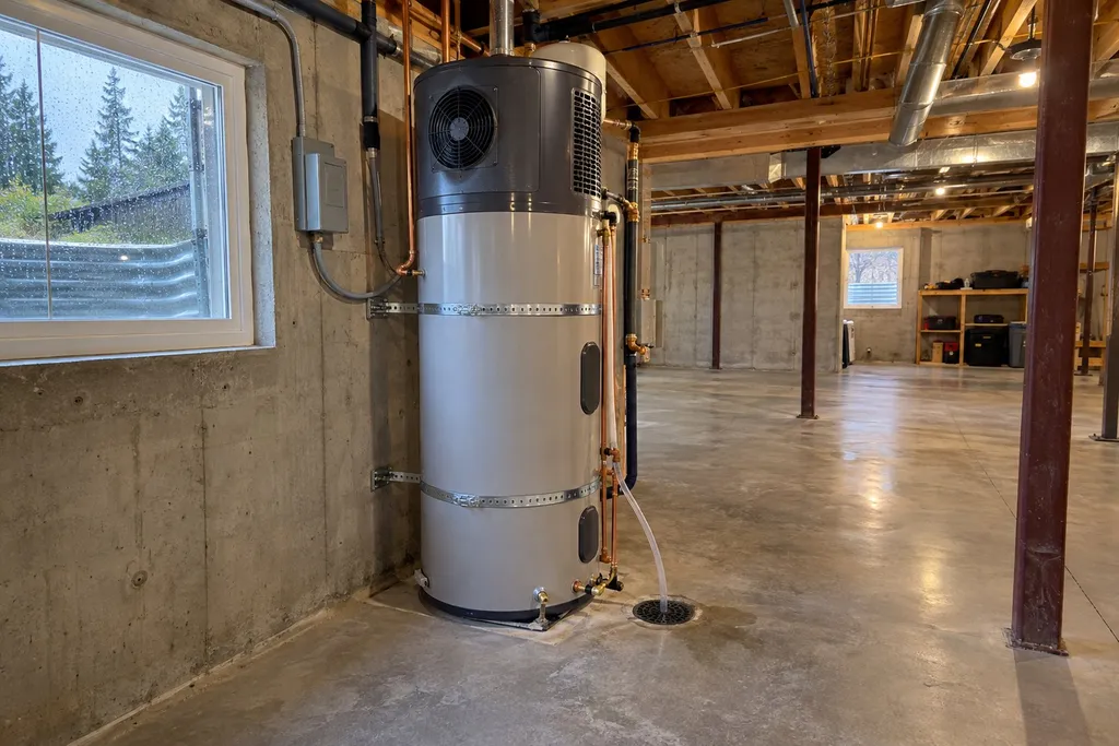 Heat pump water heater installed in a roomy basement in Troutdale, Oregon