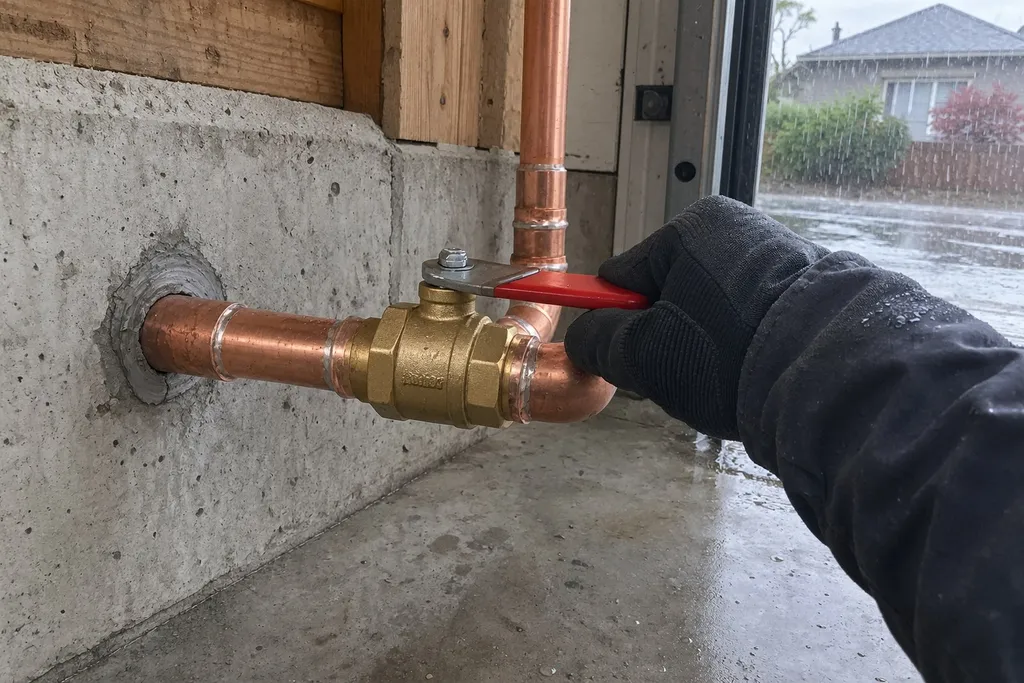 Gloved hand closing a new quarter-turn main water shut-off valve in a Troutdale garage