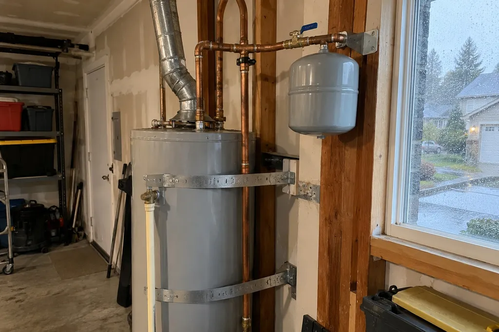 Thermal expansion tank installed on the cold water line above a water heater in a Troutdale home
