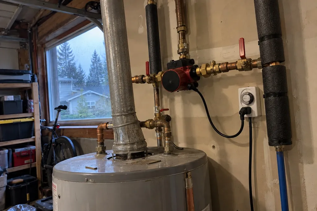 recirculation-pump-troutdale Hot water recirculation pump installed on a water heater in a Troutdale, Oregon garage