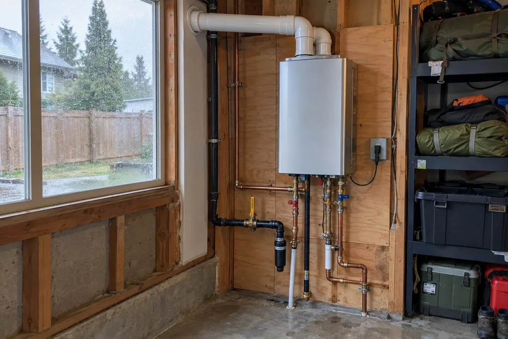 Wall-mounted gas tankless water heater with PVC venting in a Troutdale garage