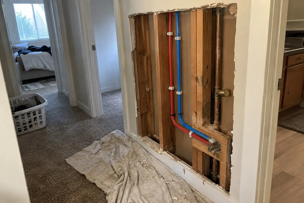pipe-rerouting-troutdale New PEX lines rerouted down an open hallway wall to a bathroom in a Troutdale, Oregon home