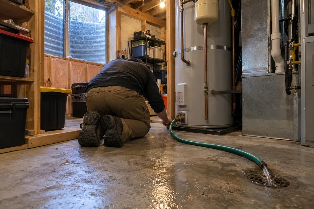 Plumber flushing a water heater with a hose to a floor drain in a Troutdale basement