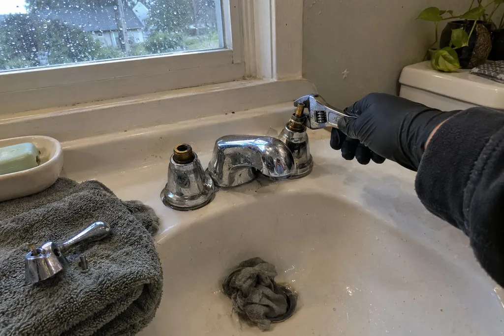 Plumber repairing a two-handle bathroom faucet in a Troutdale, Oregon home