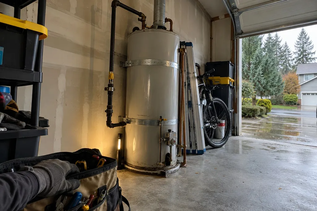 Water heater repair in a Troutdale, Oregon garage with a gas tank heater under inspection
