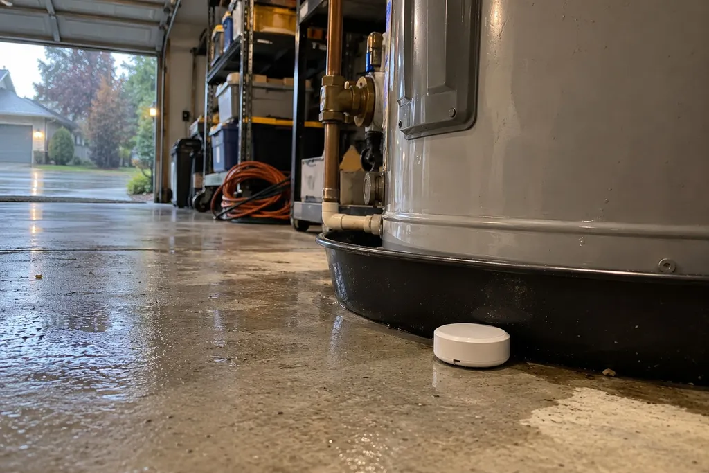 Water leak sensor on the floor beside a water heater in a Troutdale, Oregon garage
