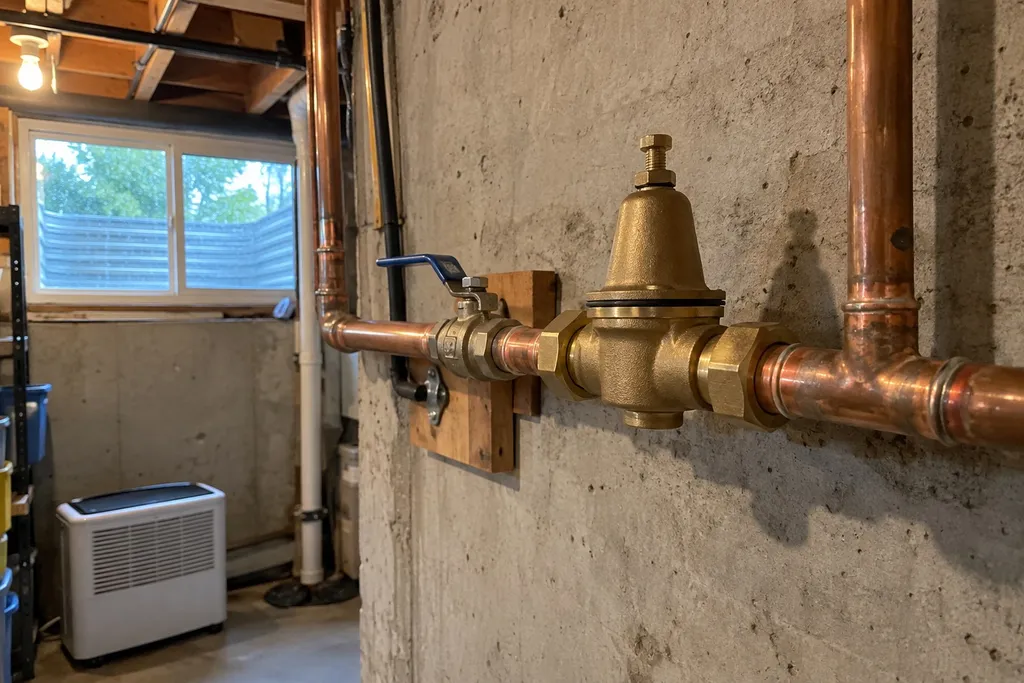 New water pressure regulator installed on the main line in a Troutdale, Oregon basement