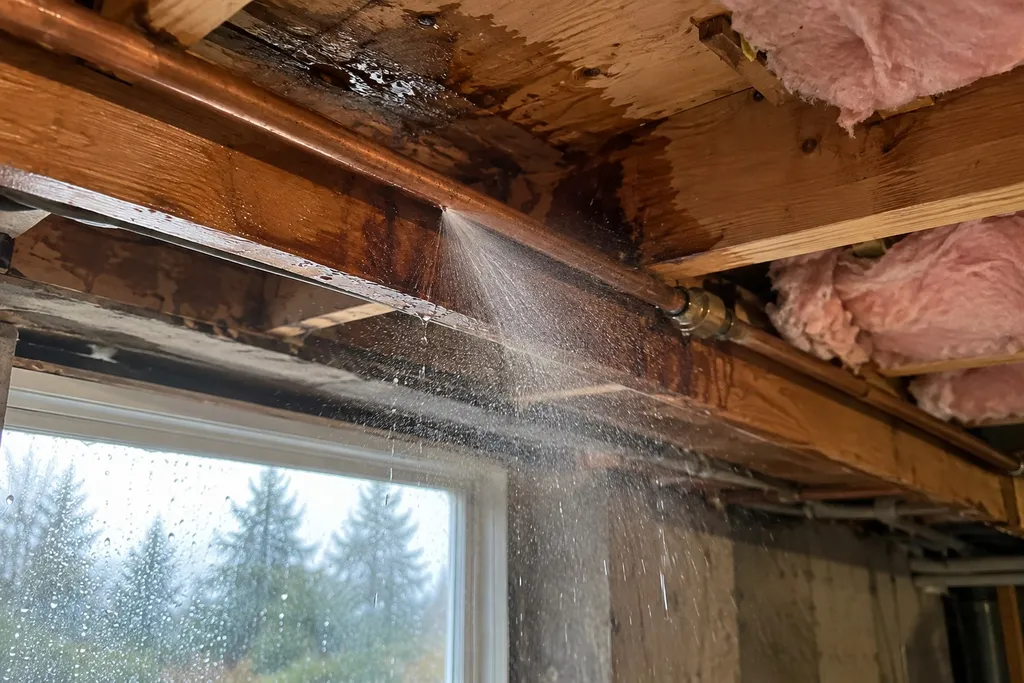 Fine spray from a pinhole leak in a copper pipe in a Troutdale, Oregon basement