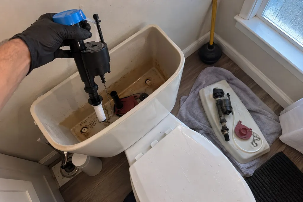 Gloved hand installing a new fill valve inside a drained toilet tank in a Troutdale home