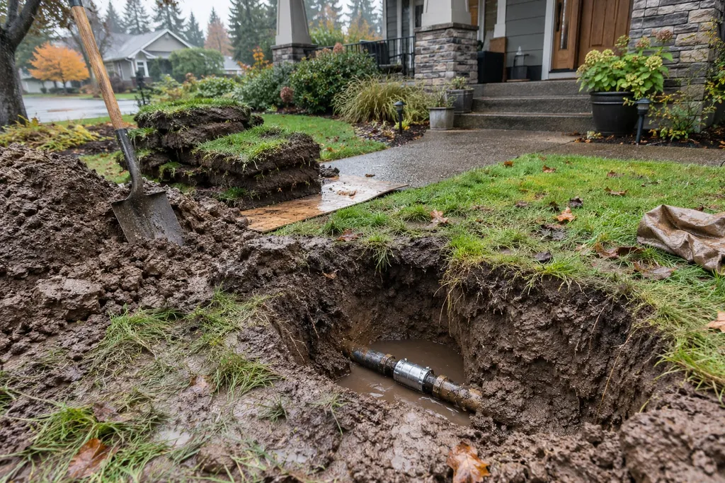 Excavated water line with a new repair coupling in a wet Troutdale, Oregon front yard
