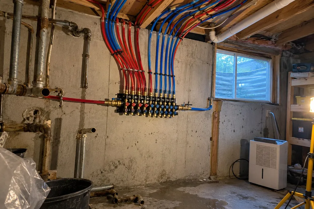 New PEX manifold feeding a whole-house repipe in a Troutdale, Oregon basement