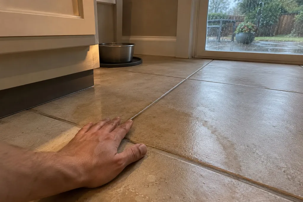 Hand feeling a warm spot on a tile floor, a common slab leak sign in Troutdale homes